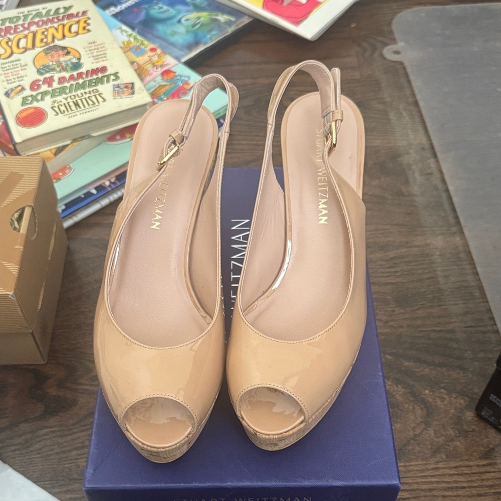 Stuart Weitzman Nude Patent Peep Toe Heels